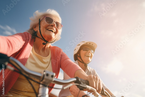 Senior female friends riding bicycle against sky. AI generative