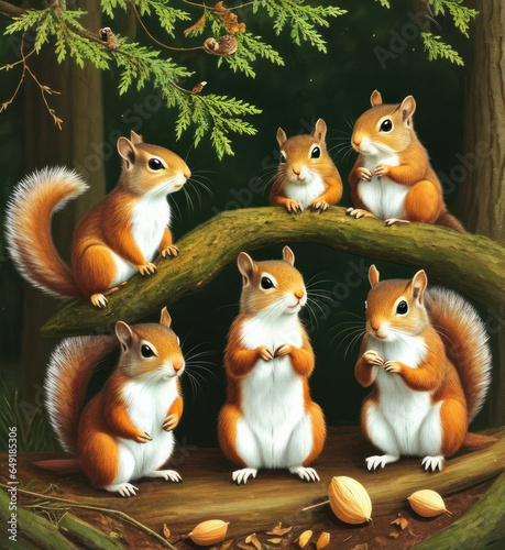 Adorable red squirrels, in the woods, squirrels are stocking up on nuts for the winter, forest