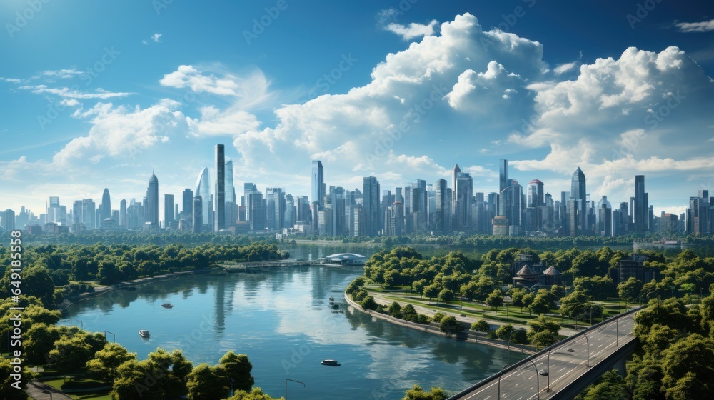 business city concept with a mix of green city, corporate construction and ecology - beautiful modern city skyline view with blue sky - obrazy, fototapety, plakaty 