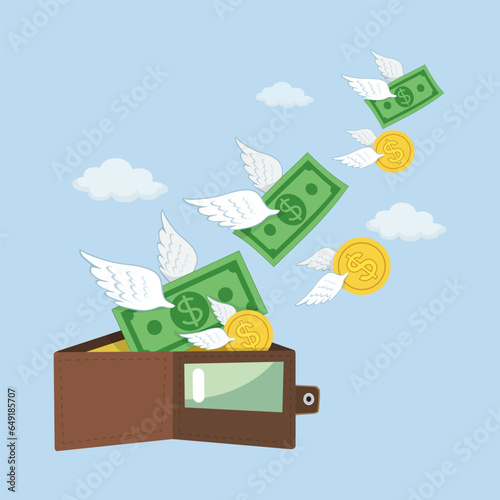 Wallet and fly money vector image. Bad budget management, illustration vector cartoon EPS 10.
