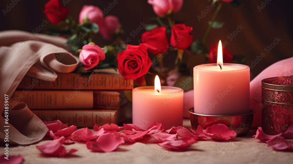 Candles and pink rose petals. A romantic background Candles and pink rose petals. A romantic background
