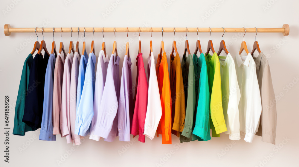 Clothes on hang rail on white background.