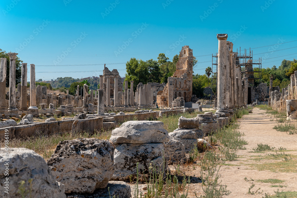 Ancient city of Perge in Antalya, Turkey. Historical ruins in the ancient city of Pamphylia