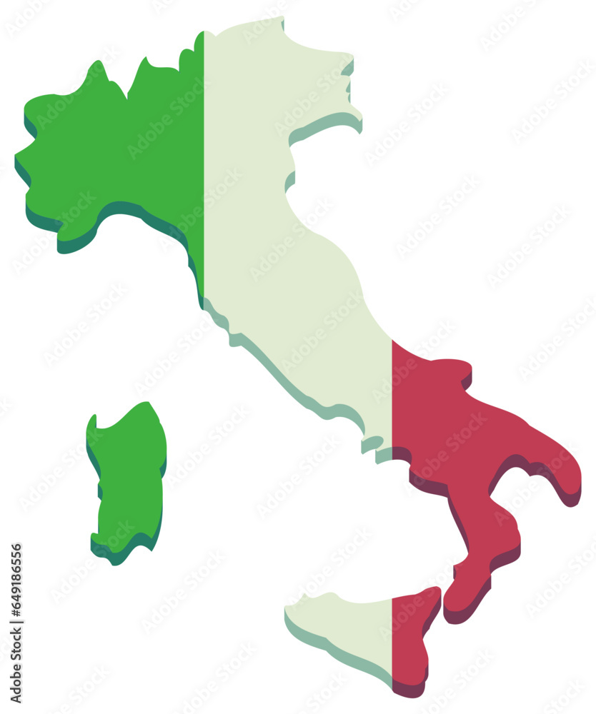 3D map of Italy in Italian flag colors in flat cut design style
