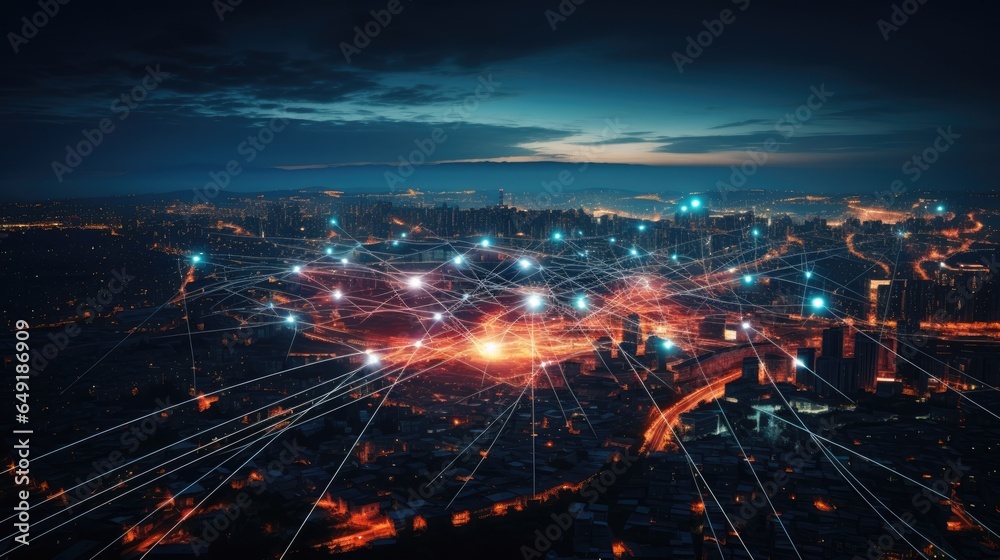 big city at night with network lines connected to satellites, cityscapes, circular shapes, industrial photography - obrazy, fototapety, plakaty 