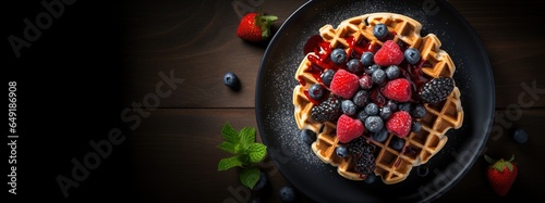 Generative AI, Assorted Belgian waffles with fruit and syrup, sweet baked dessert © DELstudio