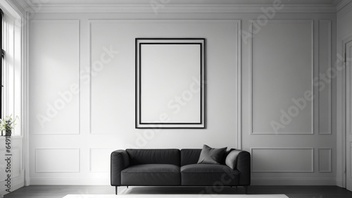 Interior of modern living room with white walls, concrete floor, comfortable black sofa and mock up poster frame. © MrBaks