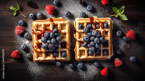 Generative AI, Assorted Belgian waffles with fruit and syrup, sweet baked dessert photo