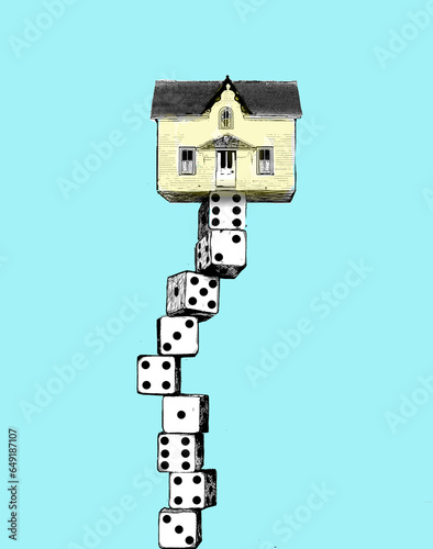 Illustration of house balancing on wobbly stack of dice photo