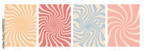 Vector set of groovy hippie 70s backgrounds. swirl, twirl pattern, waves. Y2k aesthetic. Social Media Stories Template, distorted and Twisted vector texture in trendy retro psychedelic style. 