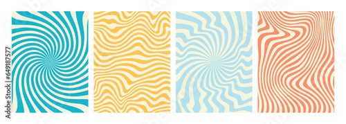 Vector set of groovy hippie 70s backgrounds. swirl, twirl pattern, waves. Y2k aesthetic. Social Media Stories Template, distorted and Twisted vector texture in trendy retro psychedelic style. 
