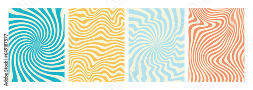 Vector set of groovy hippie 70s backgrounds. swirl, twirl pattern, waves. Y2k aesthetic. Social Media Stories Template, distorted and Twisted vector texture in trendy retro psychedelic style. 