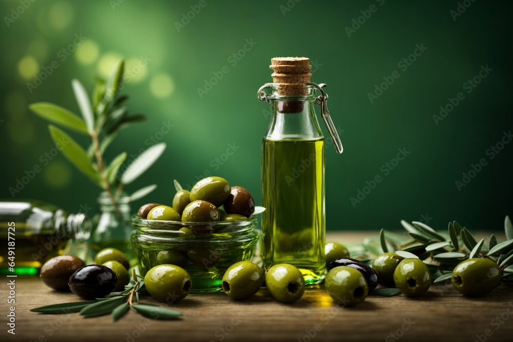 Olive oil and green olives on a green background. Olive oil and green olives on a green background.