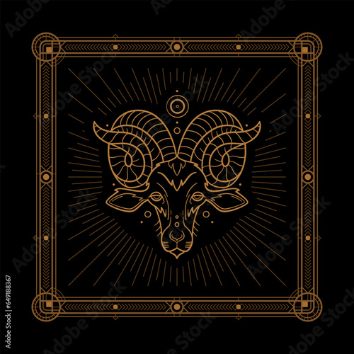 Aries zodiac sign and astrology symbol, element. Modern outline vector illustration. Black background.