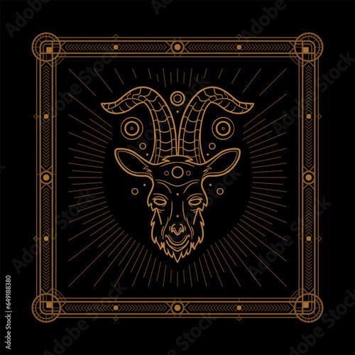 Capricorn zodiac sign and astrology symbol, element. Modern outline vector illustration. Black background.