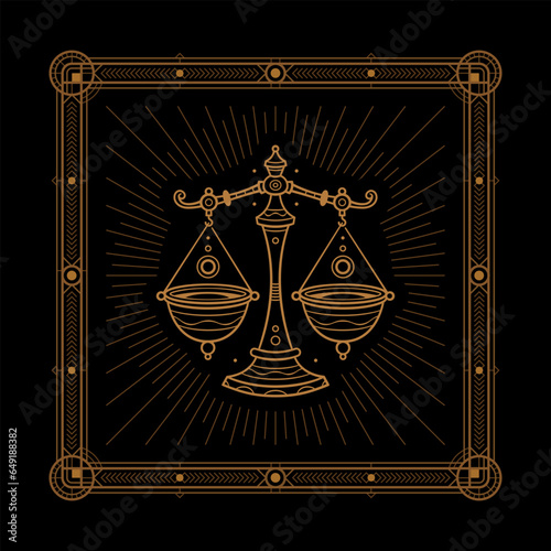 Libra zodiac sign and astrology symbol, element. Modern outline vector illustration. Black background.