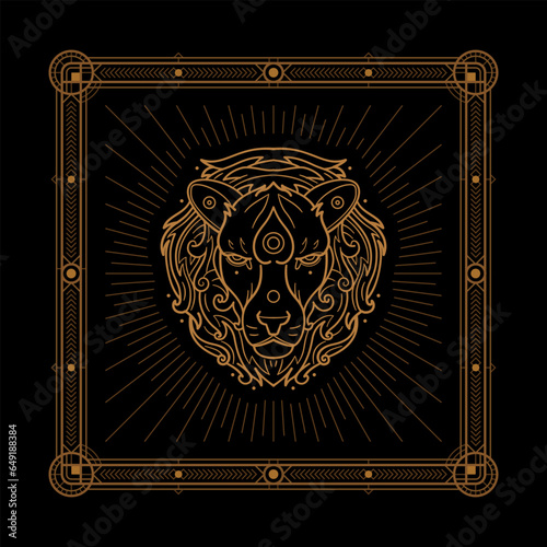 Leo zodiac sign and astrology symbol, element. Modern outline vector illustration. Black background.