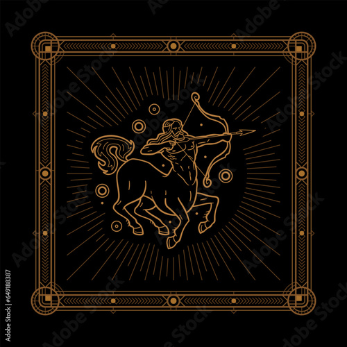Sagittarius zodiac sign and astrology symbol, element. Modern outline vector illustration. Black background.