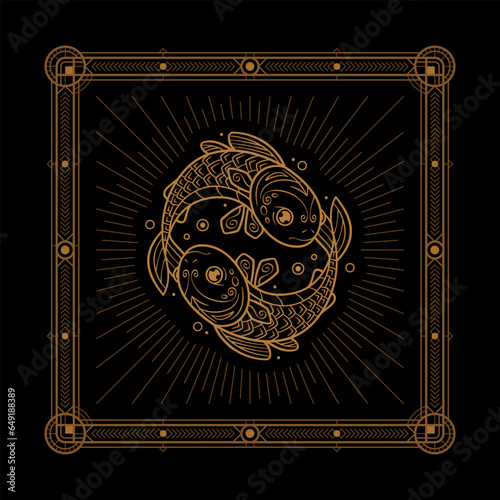 Pisces zodiac sign and astrology symbol, element. Modern outline vector illustration. Black background.