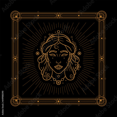 Virgo zodiac sign and astrology symbol, element. Modern outline vector illustration. Black background.