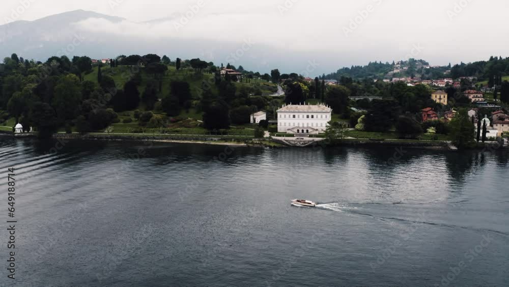 Drone shot pulling away from the Villa Melzi D'Eril on Lake Como, Italy. Drone shot pulling away from the Villa Melzi D'Eril on Lake Como, Italy.