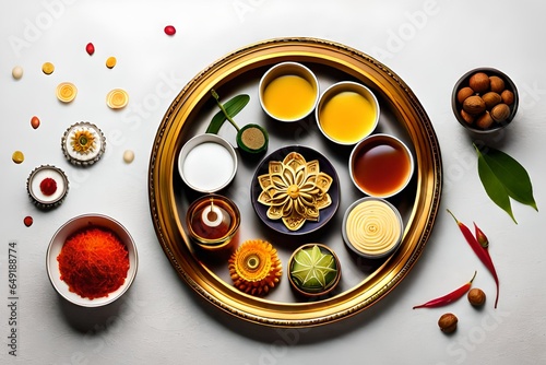 Top View featuring a beautifully decorated puja thali with essential elements like diyas, incense sticks, flowers, and holy symbols photo