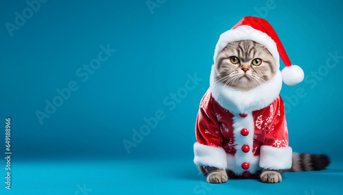 Cute cat in Santa Claus costume isolated on blue background. Happy New Year. Grey british kitten in festive Christmas red and white outfit. Banner template with copy space