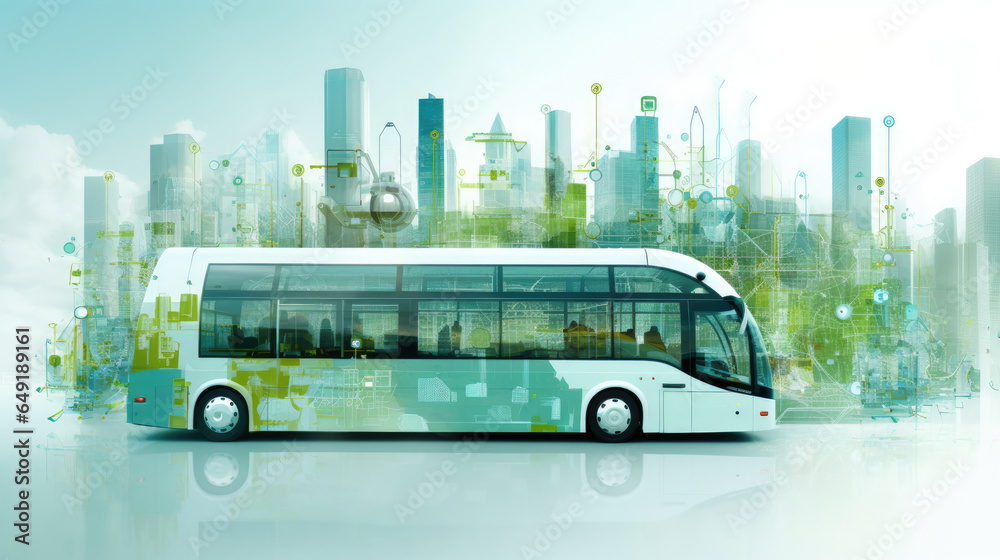 Obraz premium Eco bus with eco city in the background