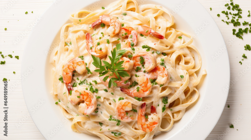Fresh-Fettuccini pasta with prawn and mushroom tomatoes food photography white plate dark background. Fresh-Fettuccini pasta with prawn and mushroom tomatoes food photography white plate dark background.
