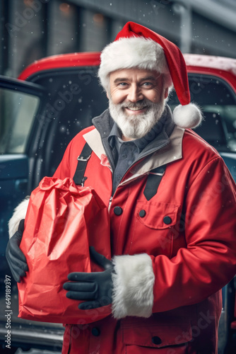 A cheerful courier in a Santa Claus costume holds a red craft bag with an order. Online shopping for Christmas or New Year.