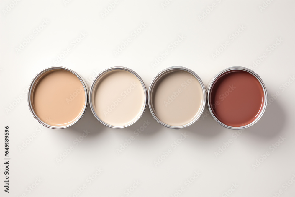 top view of open neutral color cans with paint on a light background - obrazy, fototapety, plakaty 