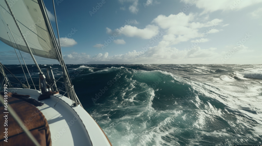 Fototapeta premium Amidst Nature's Fury: A firsthand perspective from a boat's deck, navigating tumultuous Caribbean waters, showcasing the raw power and beauty of the sea.