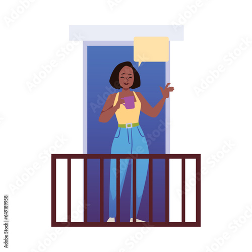 Smiling woman with greeting gesture on balcony, flat vector isolated on white.