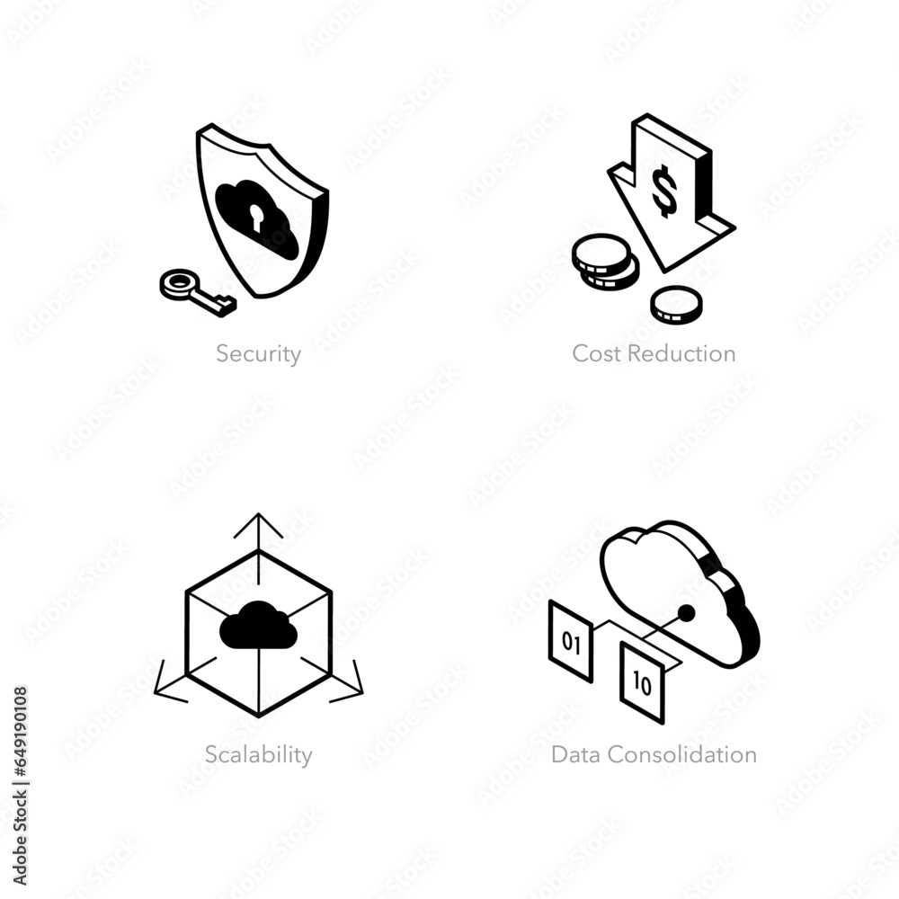 Simple set of cloud analytics icons. Contains such symbols as Security, Cost Reduction, Scalability and Data Consolidation. Simple set of cloud analytics icons. Contains such symbols as Security, Cost Reduction, Scalability and Data Consolidation.