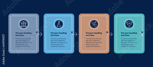 Simple horizontal process template with four colorful stages - dark version. Flat infographic design with minimalistic icons.