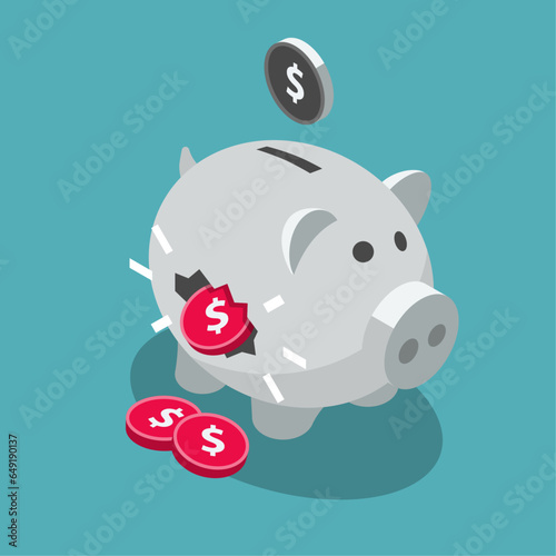 Investment scam symbol with a fake piggy bank and stolen coins. Flat design, easy to use for your website or presentation.