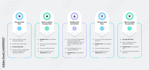 Modern horizontal progress diagram with five colorful steps. Presentation template with thin lines and minimalistic icons.
