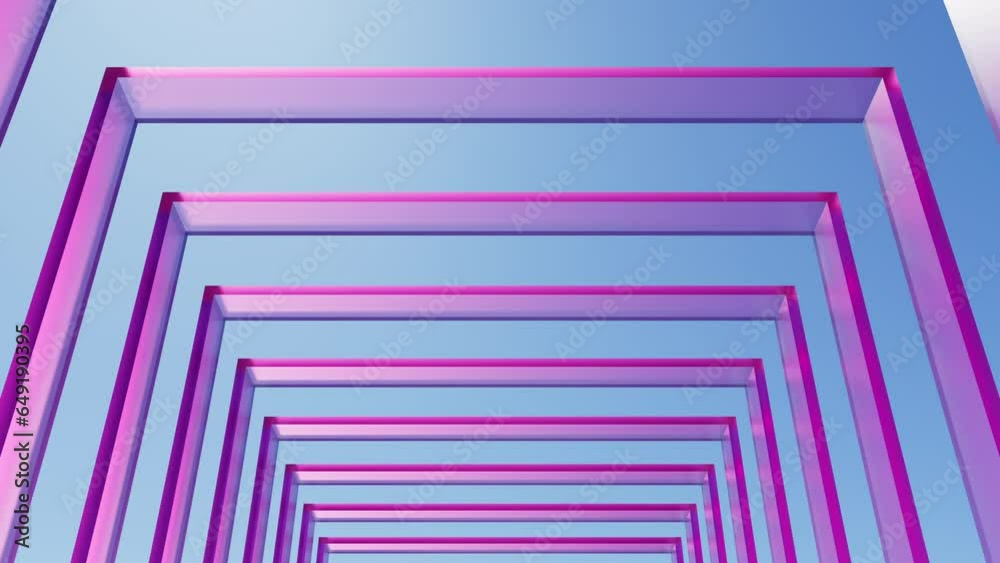 3D render of slow moving camera through pink square glassy arches in day light with sun shadows on blue sky, 4K seamless loop abstract architectural template 3D render of slow moving camera through pink square glassy arches in day light with sun shadows on blue sky, 4K seamless loop abstract architectural template