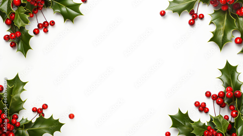 A bright Christmas frame made of holly on a white background, adorned with red and gold Christmas decorations. Presented in a flat layout, top view, with ample space for duplication - Generative AI