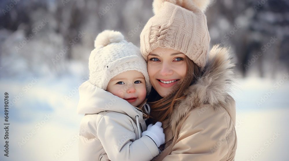 a bright day happy family mother and baby is happy snow on winter walk - Generative AI