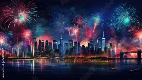Fireworks over the river front in the city background. © Virtual Art Studio