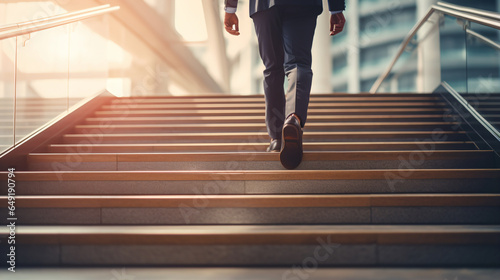 A businessman ascending stairs, captured in a back shot, with a close-up below the knees - Generative AI