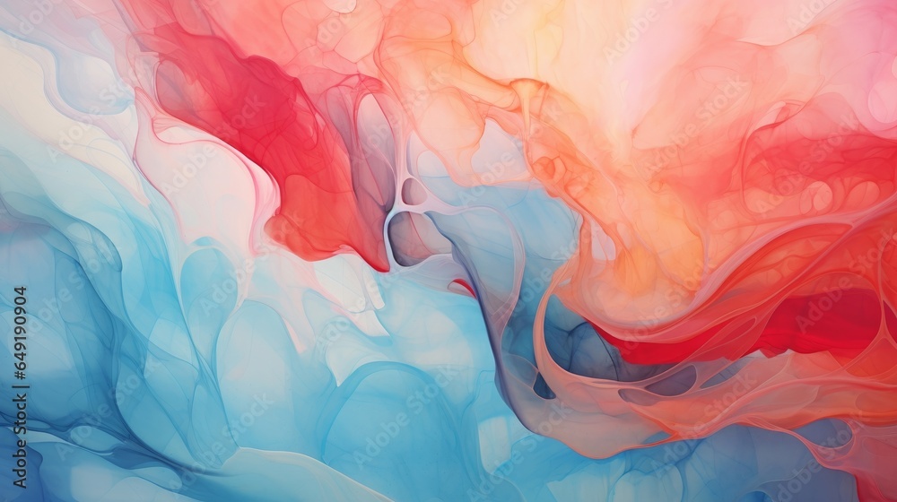 Fototapeta premium A captivating portrayal of liquid paints in a slow and graceful blending process, delicately merging together in a harmonious flow.
