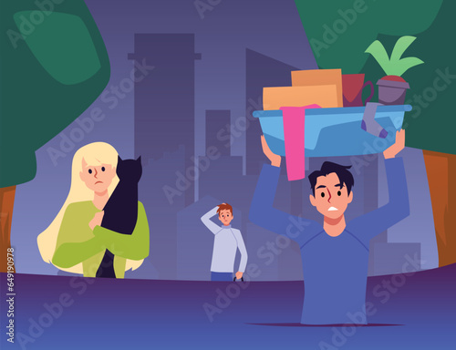 Flood disaster banner with people after tsunami or floods, vector illustration.