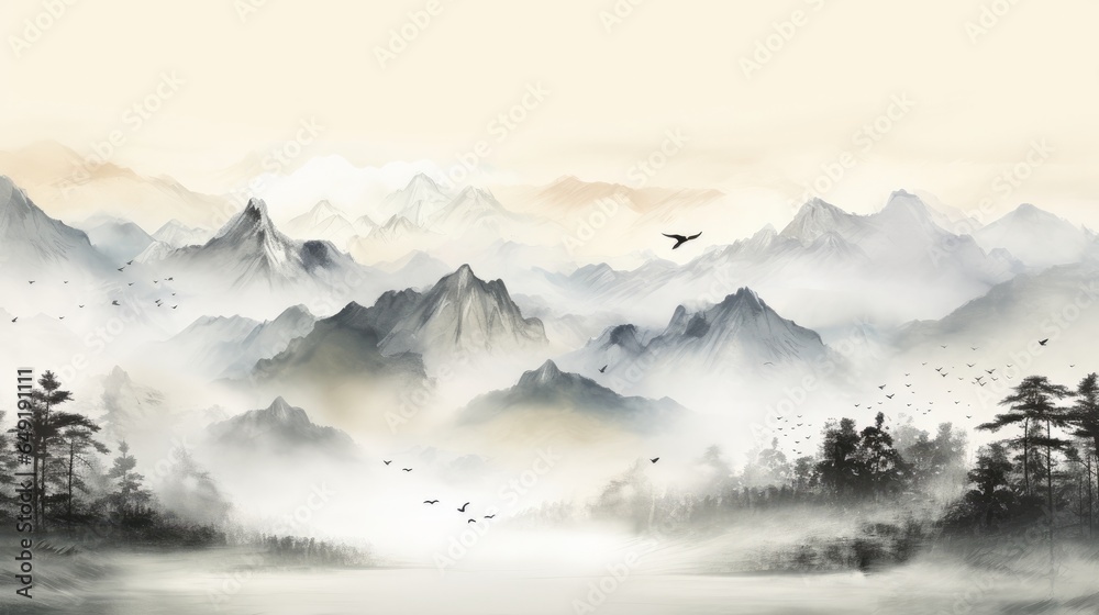 A traditional oriental ink painting (sumi-e, u-sin, go-hua) depicting misty mountains with gradual slopes and a flock of birds in the sunrise sky