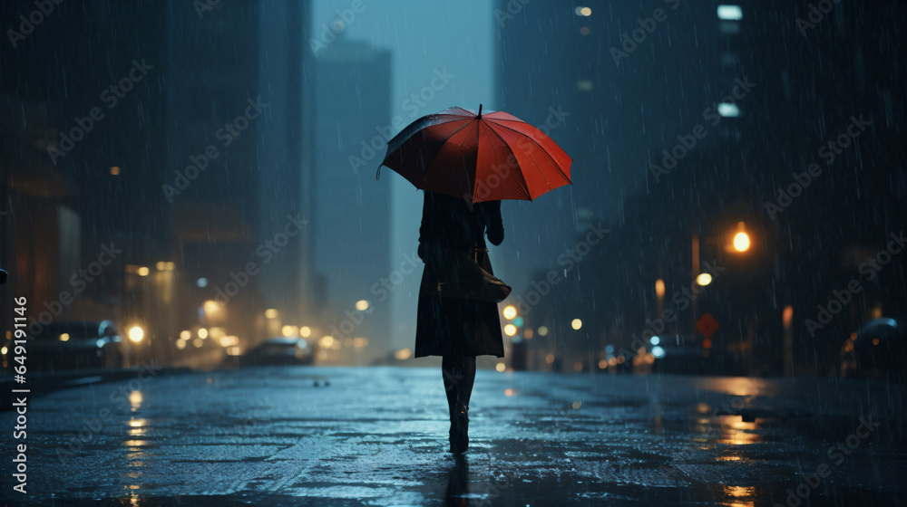 a woman with an umbrella in rain - Generative AI
