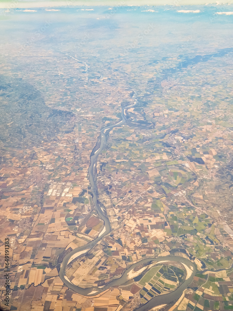Aerial image of the Po river in Italy near Castel San Giovanni.