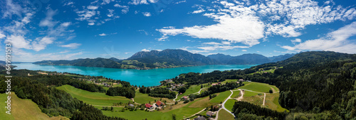 Austria, Upper Austria,Stockwinkl, Drone panorama of Lake Atter and surrounding landscape in summer