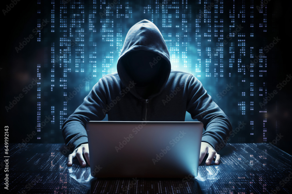 Computer hacker stealing data from a laptop concept for network security, identity theft and computer crime - Generative AI Computer hacker stealing data from a laptop concept for network security, identity theft and computer crime - Generative AI