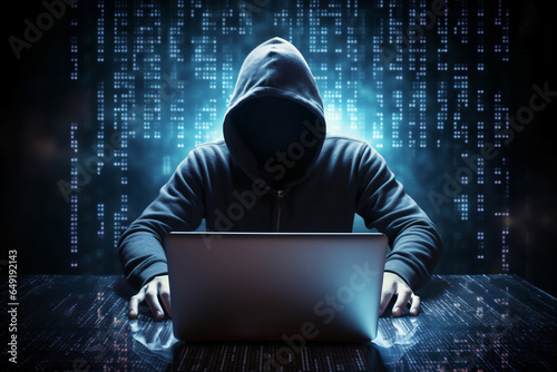 Computer hacker stealing data from a laptop concept for network security, identity theft and computer crime - Generative AI photo